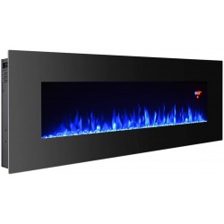 3GPlus 50 Inches Electric Fireplace Wall Mounted Heater Crystal Stone Fuel Effect 3 Changeable Flame Colors Fireplace with Remote, 1500W - Black