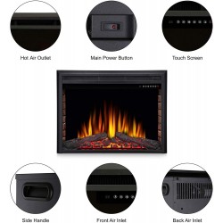 36 Inches Electric Fireplace Insert - 750W/1500W, Glass View, Log Flame, Remote Control, Sleeping Mode, Black